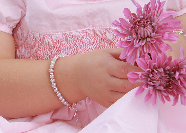 Girls Sterling Silver Pearl Baby Bracelet or Kids Jewelry: Large 6-12 Years - Lulu Bella Boutique
