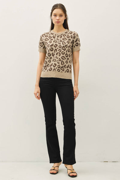 LEOPARD PRINT SHORT SLEEVE WOOL BLEND SWEATER TOP: MOCHA / S - Lulu Bella Boutique