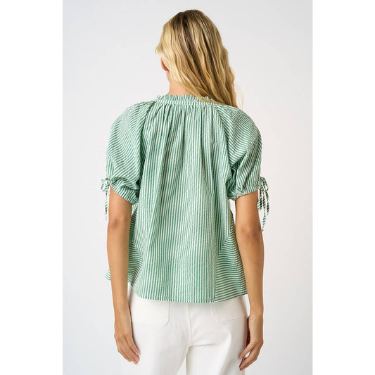 STRIPED RUFFLE NECK SHORT SLEEVE BUTTON DOWN TOP: GREEN / S-M-L(2-2-2) - Lulu Bella Boutique