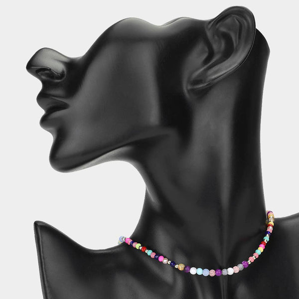 Natural Stone Metal Ball Faceted Beaded Choker Necklace: CORAL - Lulu Bella Boutique