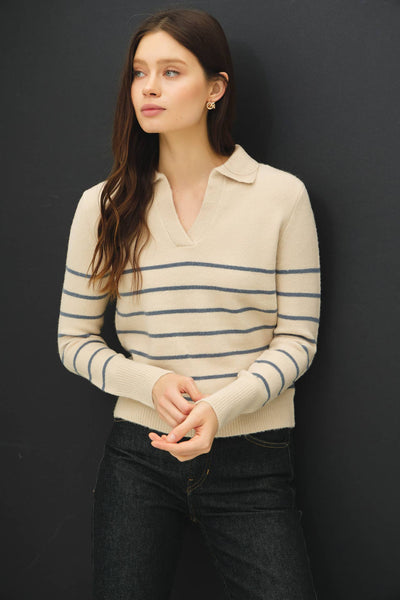 COLLARED V-NECK SWEATER WITH STRIPE: Blue / S - Lulu Bella Boutique