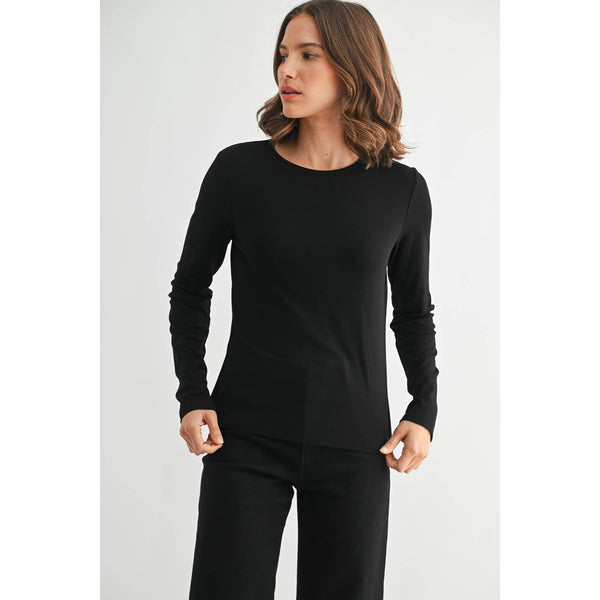 ROUND NECK LONG SLEEVE KNIT TOP: Black / S-M-L(2-2-2) - Lulu Bella Boutique