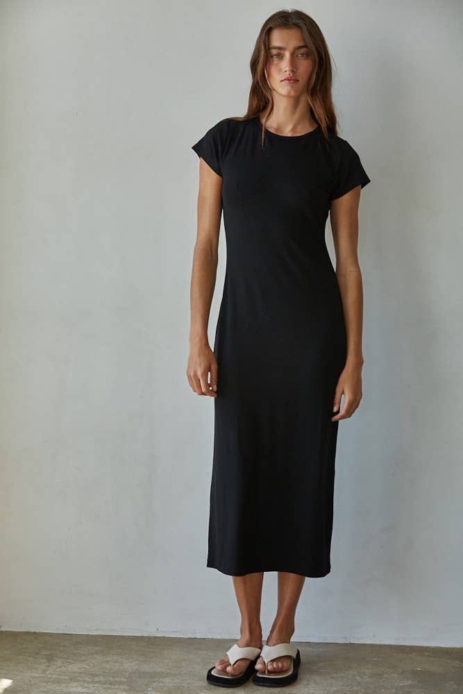 Knit Rayon Spandex Short Sleeve Bodycon Midi Dress : Black