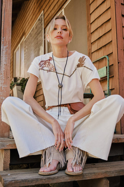 23376T -  Embroidered Shoulder Western Yoke T-Shirt: OFF WHITE / S - Lulu Bella Boutique