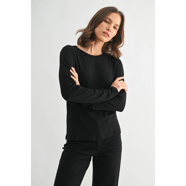 ROUND NECK LONG SLEEVE KNIT TOP: Black / S-M-L(2-2-2) - Lulu Bella Boutique