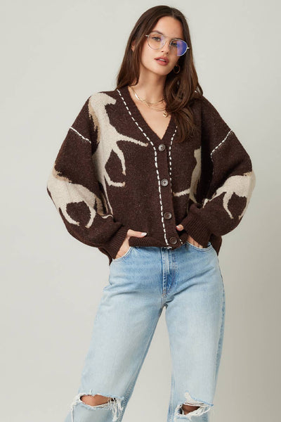 Fall Top Rated Knit Horse Cozy Cardigan: Brown / S/M - Lulu Bella Boutique