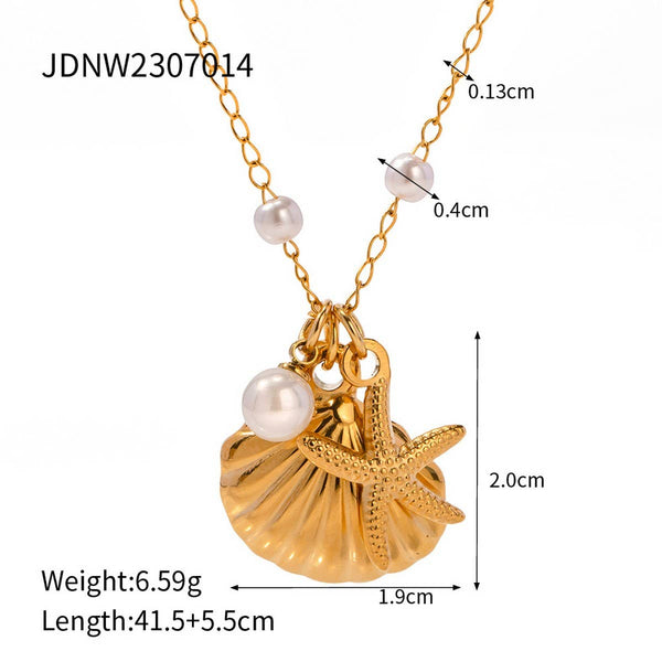 OCEAN SERIES PEARL STARFISH SHELL NECKLACE_CWAJE1366: GOLD / (OS) 2 - Lulu Bella Boutique