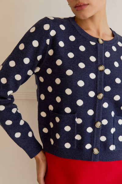 ROUND NECK BUTTON UP POLKA DOT SWEATER CARDIGAN: NAVY-CREAM DOT / S - Lulu Bella Boutique