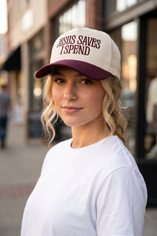 "Jesus Saves, I Spend"Two Tone Canvas Cotton Cap: RAISIN