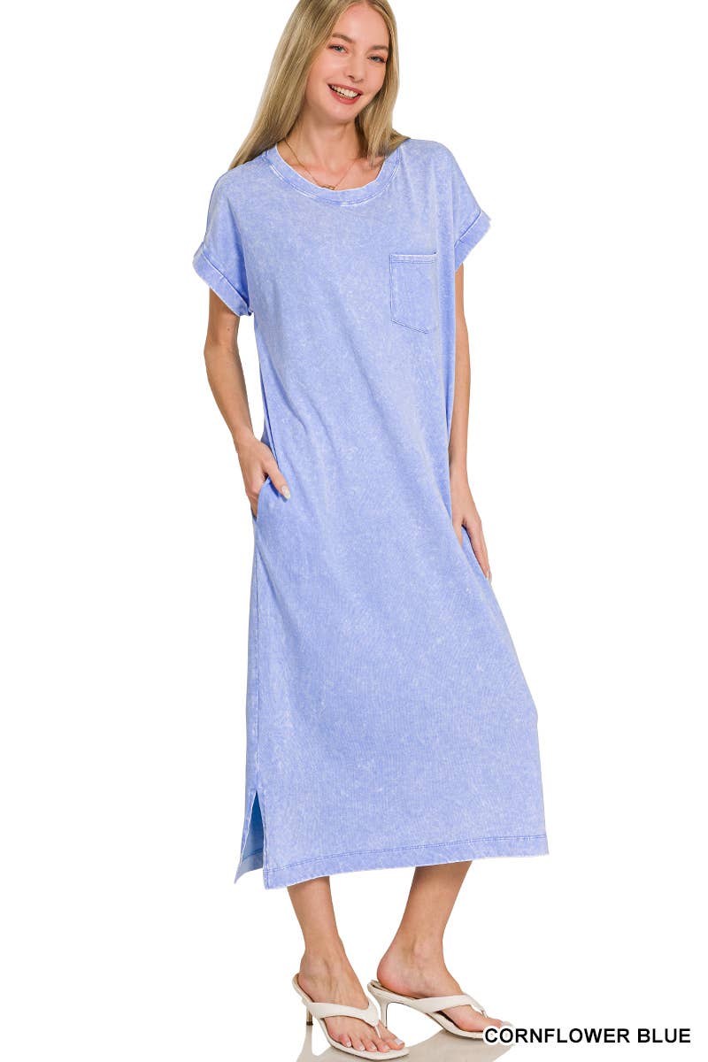 Washed Exposed Seam Short Sleeve T Shirt Dress: CORNFLOWER BLUE