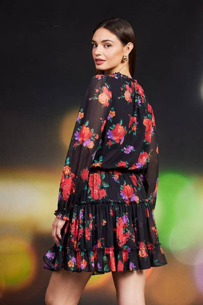 Floral Printed Ruffle Mini Dress: Black-Multi - Lulu Bella Boutique