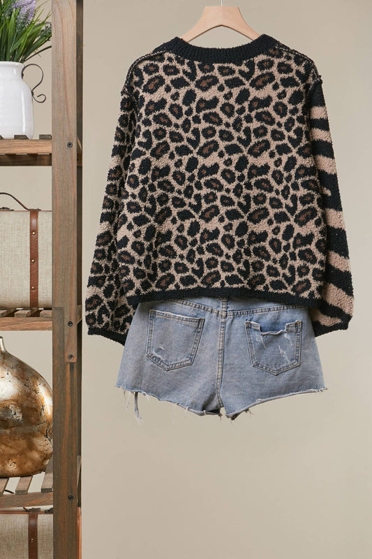 Mixed Animal Print Knit Sweater: Black-Multi