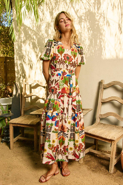 FLORAL PRINT TIERED MAXI DRESS - 5943D: IVORY/RED / M - Lulu Bella Boutique