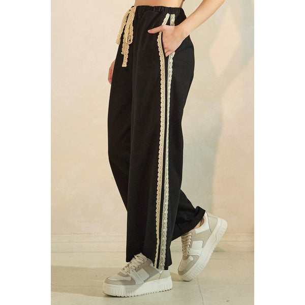 LACE STRIPED ELASTIC WAIST TERRY SWEATPANTS: BLACK / S-M-L(2-2-2) - Lulu Bella Boutique