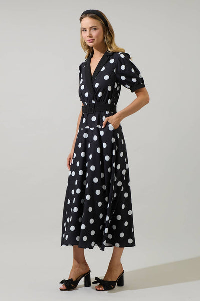 Darrah Polka Dot Fayen Wrap Maxi Dress: BLACK-WHITE - Lulu Bella Boutique