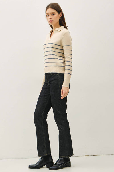COLLARED V-NECK SWEATER WITH STRIPE: Blue / S - Lulu Bella Boutique