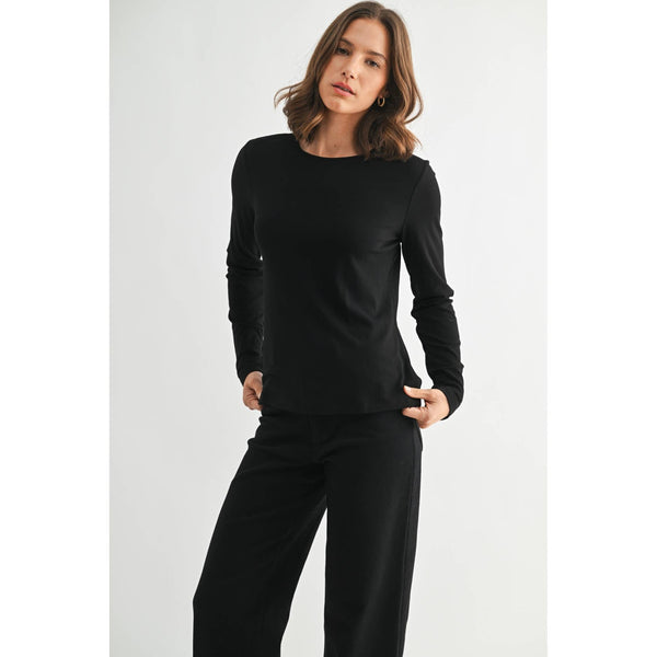 ROUND NECK LONG SLEEVE KNIT TOP: Black / S-M-L(2-2-2) - Lulu Bella Boutique