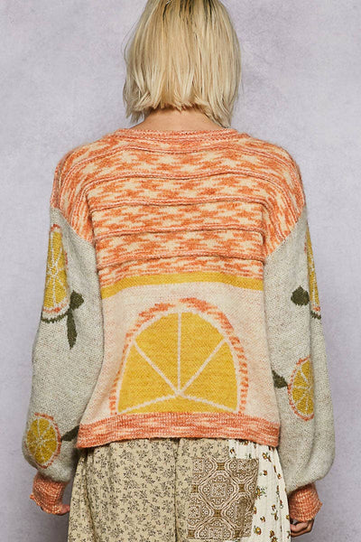 Long sleeve fruit motif pattern multi-colored sweater top: ORANGE/NATURAL MULTI / S - Lulu Bella Boutique