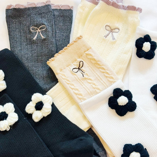 Mini Bow Embroidered Cabled Socks - Lulu Bella Boutique