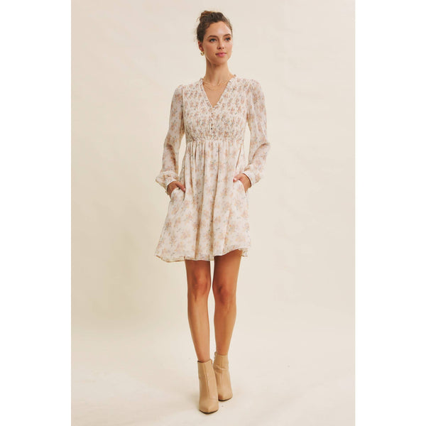 BRDIGES SEASONS WITH GRACE FLORAL SMOCKED BABYDOLL DRESS: CHAMPAGNE / S - Lulu Bella Boutique