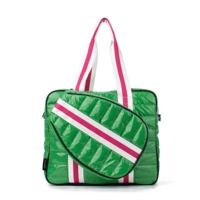 Puffer Pickle Ball Tote Green with Pink Stripe  - Lulu Bella Boutique
