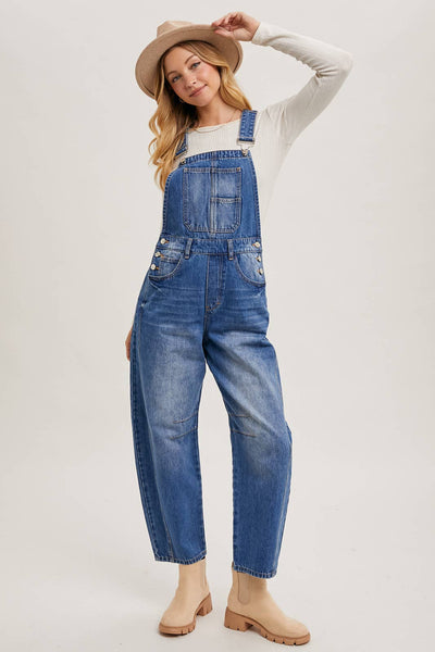 DENIM BARREL OVERALLS: MED.WASH / L - Lulu Bella Boutique