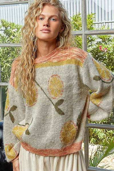 Long sleeve fruit motif pattern multi-colored sweater top: ORANGE/NATURAL MULTI / S - Lulu Bella Boutique