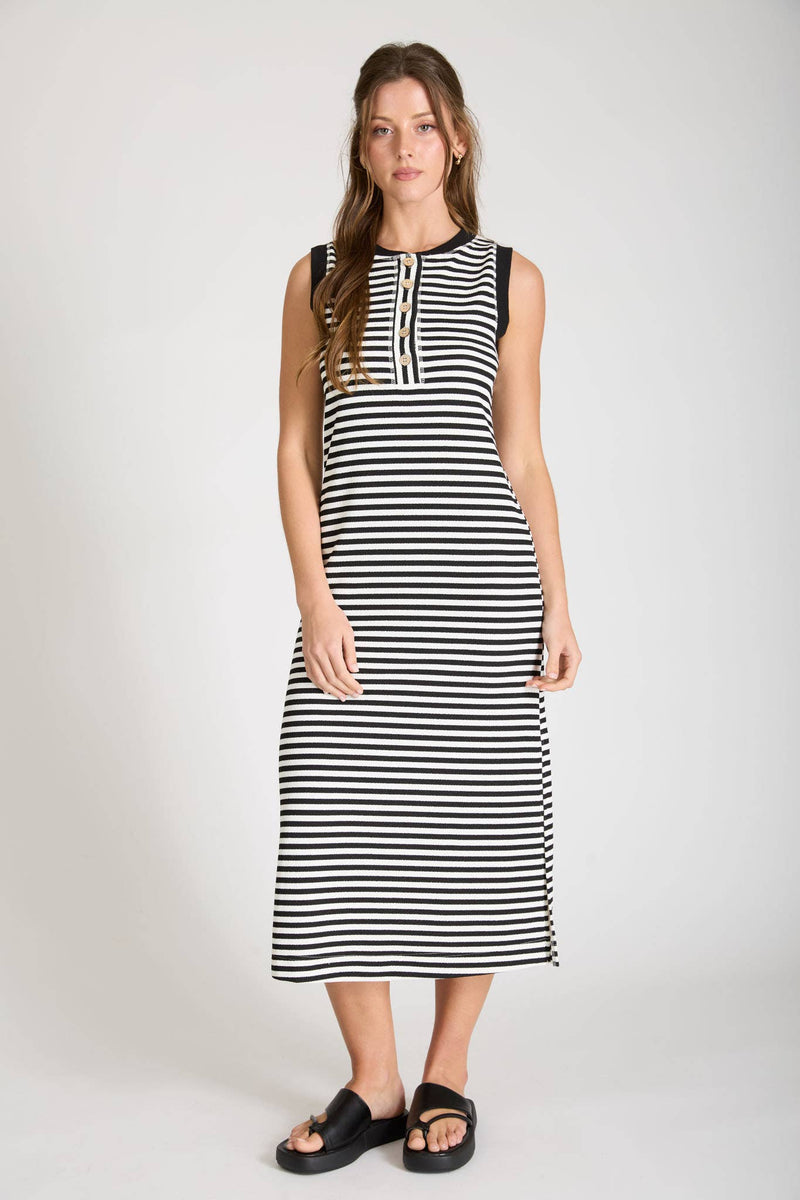 STRIPE HENLEY TANK KNIT MIDI DRESS: BLACK