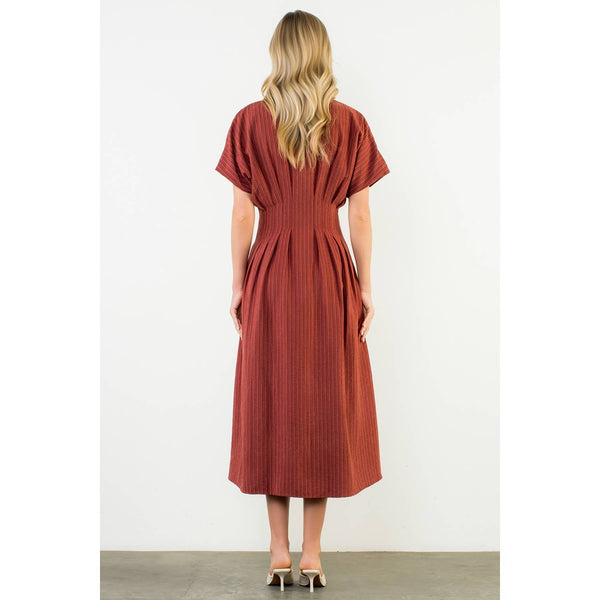 Collared Short Sleeve Button Front Maxi Dress: BURGUNDY / XS-S-M-L(1-2-2-1) - Lulu Bella Boutique