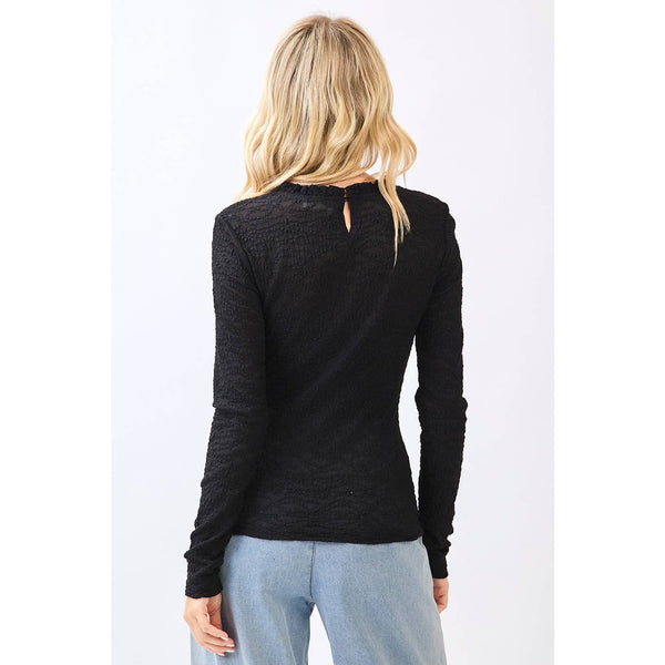 LACE LONG SLEEVE RUFFLE NECK LAYERING TOP: BLACK / S-M-L(2-2-2) - Lulu Bella Boutique