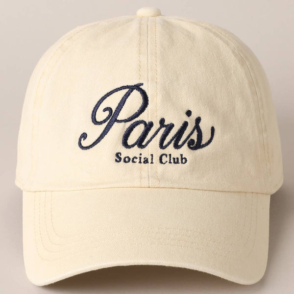 Paris Social Club Text Embroidery Baseball Cap: Beige / ONE SIZE - Lulu Bella Boutique