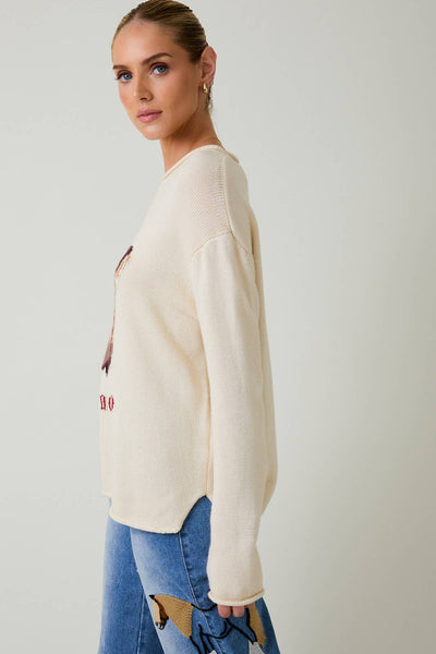 ROUND NECK LONG SLEEVE "RODEO" GRAPHIC SWEATER: CREAM / S - Lulu Bella Boutique