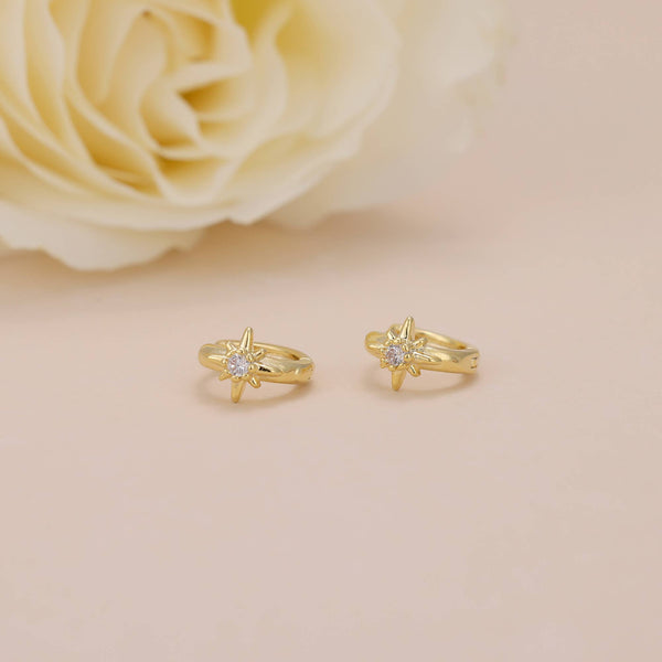 E168 star huggie earring, star huggies, star hoop, starburst: Yellow Gold - Lulu Bella Boutique