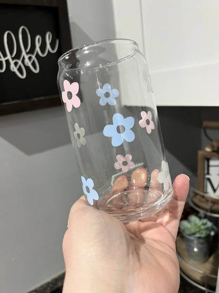 Retro Flowers Beer Can Glass | Iced Coffee Glass: Purple / 20 ounces - Lulu Bella Boutique
