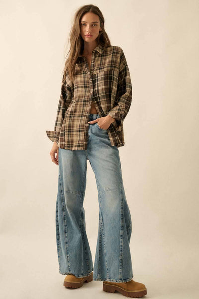 Colorblock Plaid Flannel Loose-Fit Button-Up Shirt: Brown - Lulu Bella Boutique