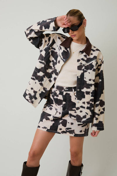 COW PRINT BARN JACKET: TAUPE-BROWN ANIMAL / S - Lulu Bella Boutique