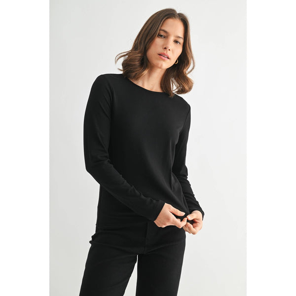 ROUND NECK LONG SLEEVE KNIT TOP: Black / S-M-L(2-2-2) - Lulu Bella Boutique