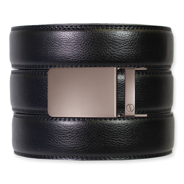 Black Leather Ratchet Belt & Buckle Set: Iron - Lulu Bella Boutique