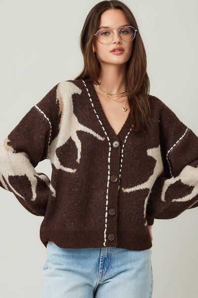 Fall Top Rated Knit Horse Cozy Cardigan: Brown / S/M - Lulu Bella Boutique