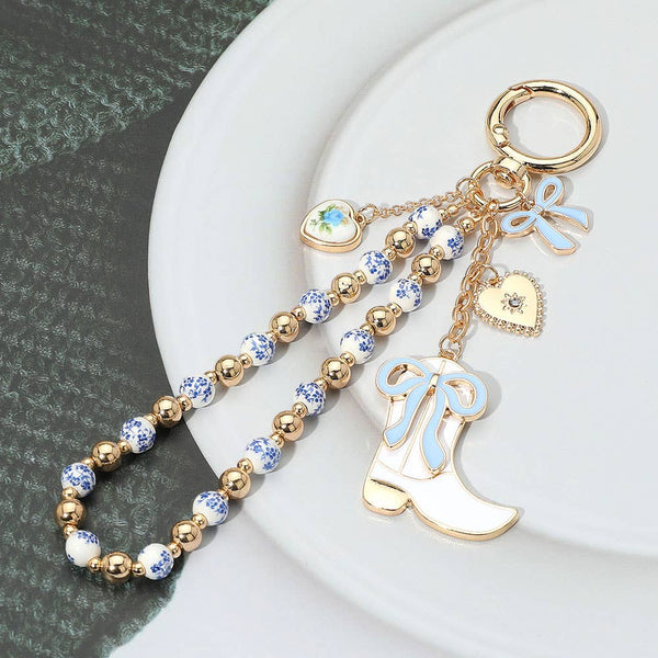 Enamel Bow Cowboy Boot Heart Floral Ceramic Ball Beaded Keychain / Bag Charm - Lulu Bella Boutique