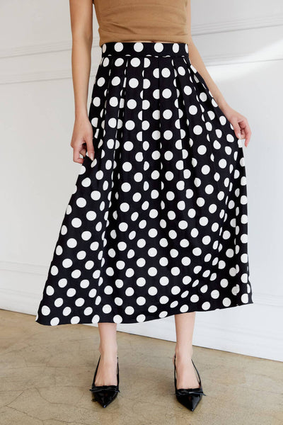 POLK DOT PLEATED CIRCLE MIDI SKIRT: BLACK-WHITE DOT / S - Lulu Bella Boutique