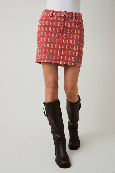 STRETCHY WESTERN BOOT PRINTS WASHED MINI SKIRT - Lulu Bella Boutique