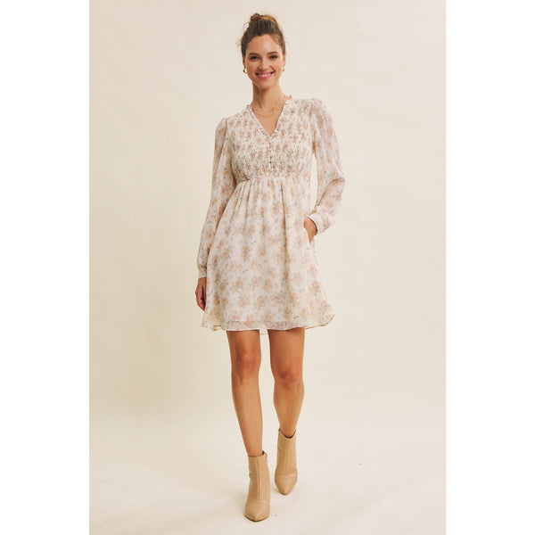 BRDIGES SEASONS WITH GRACE FLORAL SMOCKED BABYDOLL DRESS: CHAMPAGNE / S - Lulu Bella Boutique