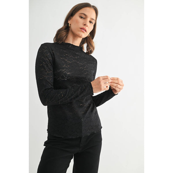 LACE MOCK NECK TOP: Black / S-M-L(2-2-2) - Lulu Bella Boutique