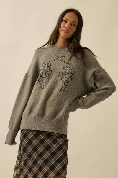 Embroidered Tigers Solid Knit Exposed-Seam Sweater: Grey / S - Lulu Bella Boutique