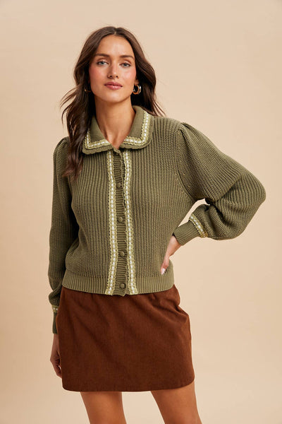 DOLL COLLAR KNITTED CARDIGAN: OLIVE / S - Lulu Bella Boutique