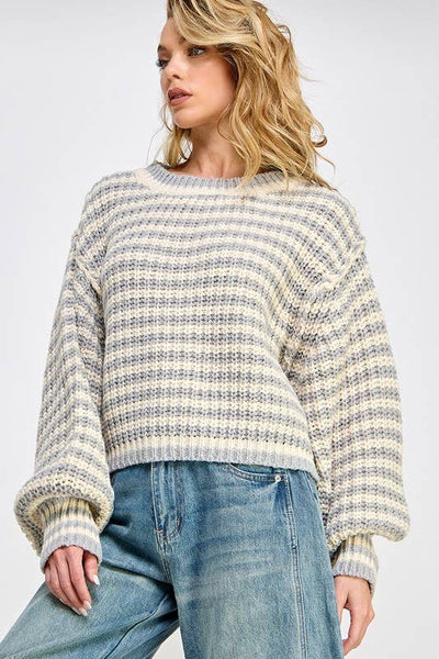 STRIPED CROPPED KNIT SWEATER TOP: Off white/Stone / L - Lulu Bella Boutique