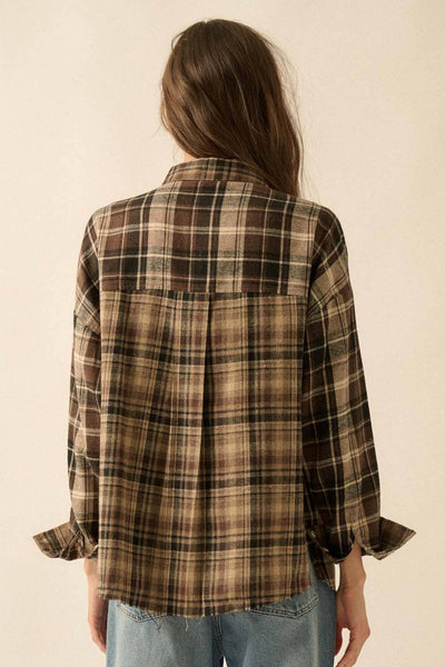 Colorblock Plaid Flannel Loose-Fit Button-Up Shirt: Brown - Lulu Bella Boutique