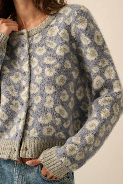 Leopard-Print Button-Front Cardigan: Retro Blue / S - Lulu Bella Boutique