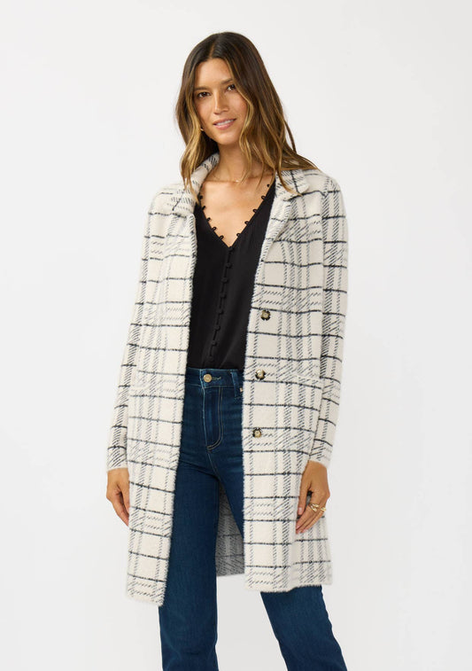 Plaid Notched Collar Button Front Cardigan: Cream/Black